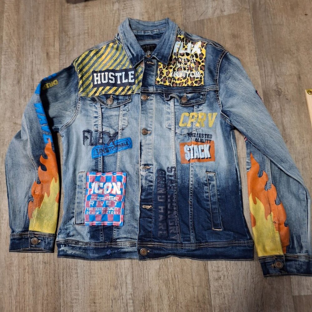 Copper Rivet Mens Denim Jacket With Graphic Patches & Flame Design